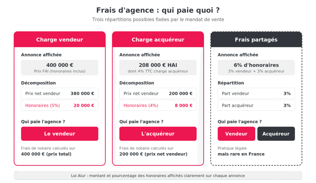 Schéma des trois répartitions possibles des frais d'agence selon le mandat de vente : charge vendeur, charge acquéreur ou frais partagés, avec exemples chiffrés.