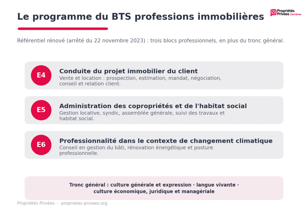 Programme du BTS professions immobilières : trois blocs professionnels (E4 conduite du projet immobilier du client, E5 administration des copropriétés et de l'habitat social, E6 professionnalité dans le contexte de changement climatique) et un tronc général.