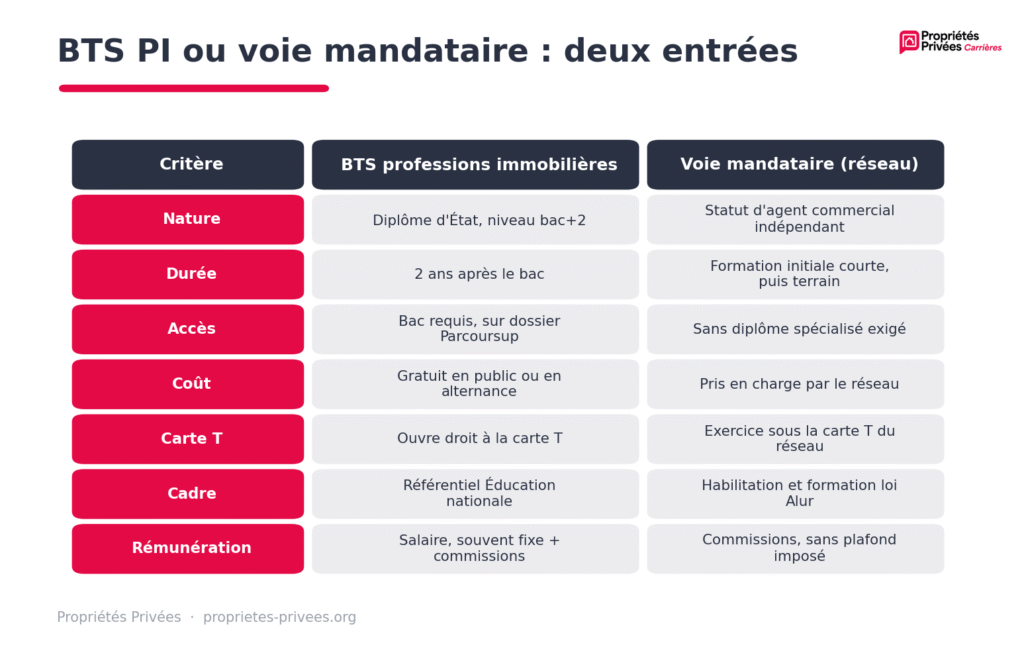 Tableau comparatif entre le BTS professions immobilières et la voie mandataire en réseau selon sept critères : nature, durée, accès, coût, carte T, cadre et rémunération.