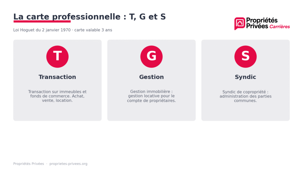 Les 3 différentes cartes professionnelles, T, G et S